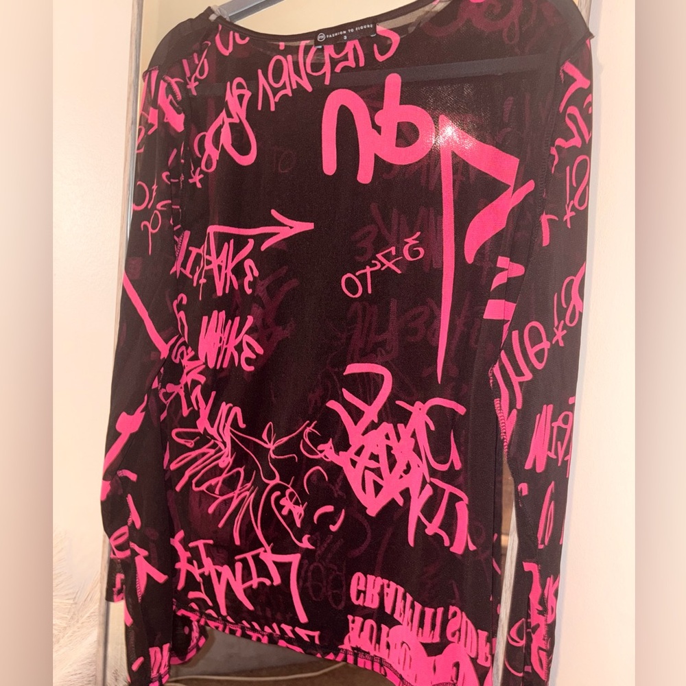 Black & Hot Pink Graffiti-Print Sheer Top